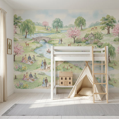 Pastel Park Manzaralı Poster Duvar Kağıdı Yeşil Pembe Desenli