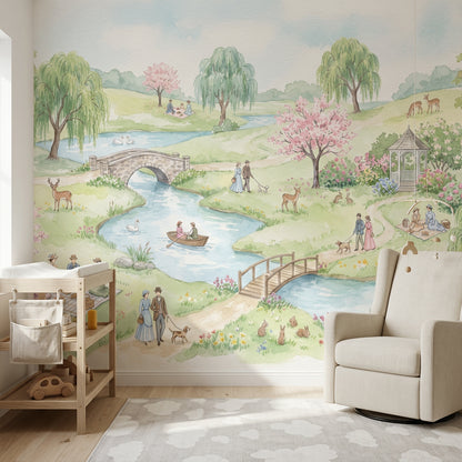 Pastel Park Manzaralı Poster Duvar Kağıdı Yeşil Pembe Desenli