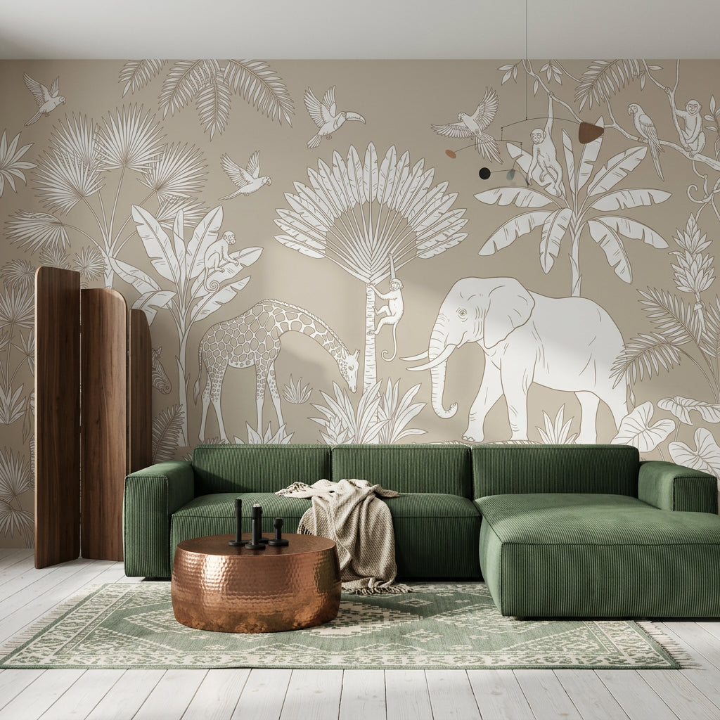 Safari Hayvanlı Poster Duvar Kağıdı Bej Orman Desenli Salon