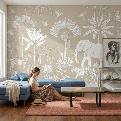Safari Hayvanlı Poster Duvar Kağıdı Bej Orman Desenli Salon