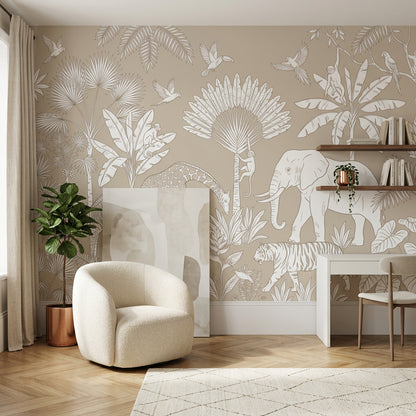 Safari Hayvanlı Poster Duvar Kağıdı Bej Orman Desenli Salon