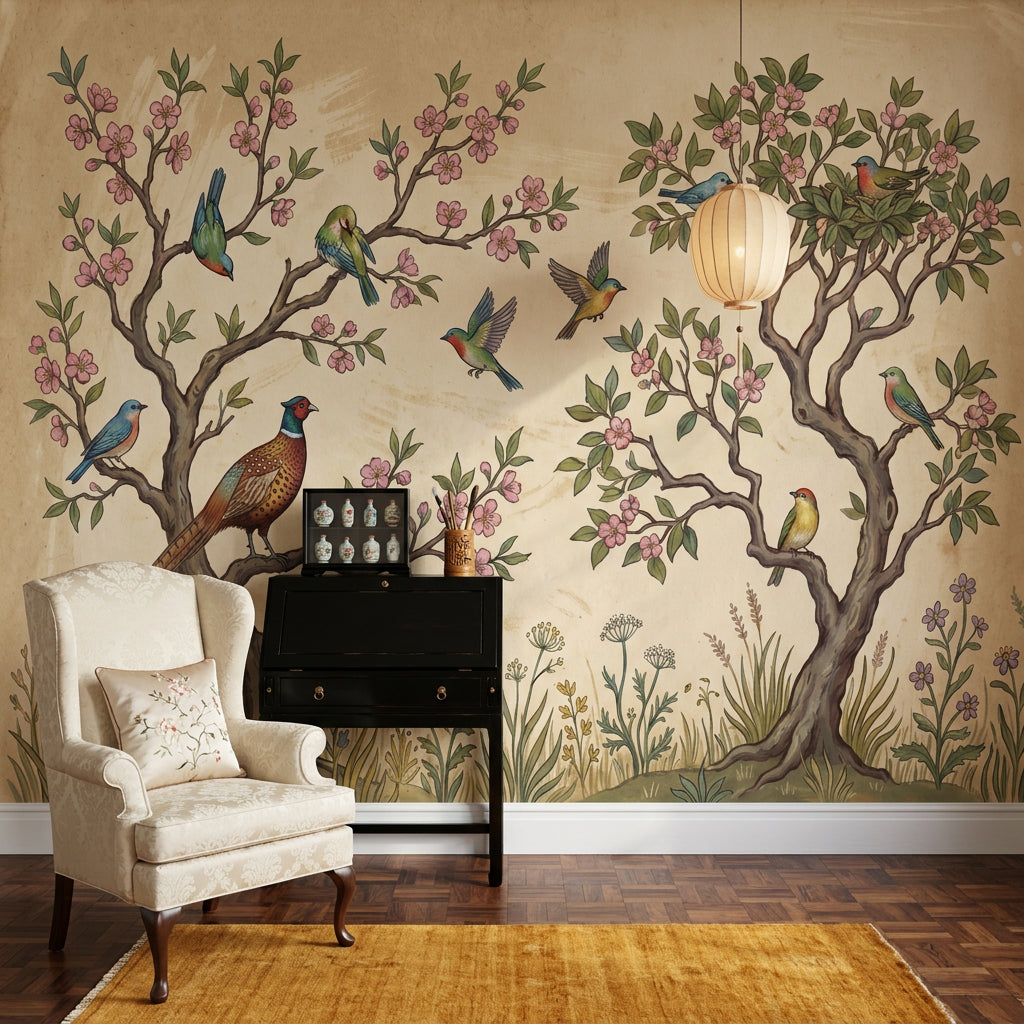 Çiçek Açan Dallı Kuşlu Poster Duvar Kağıdı Bej Salon