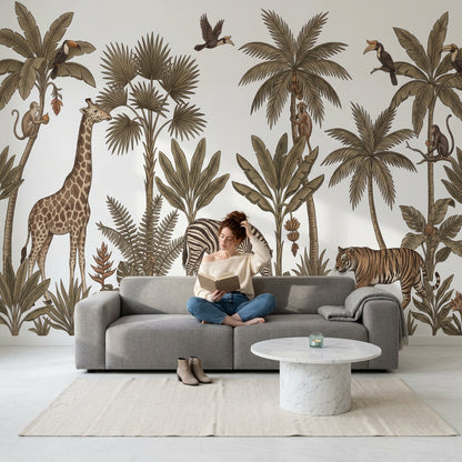 Safari Hayvanlı Poster Duvar Kağıdı Bej Jungle Desenli