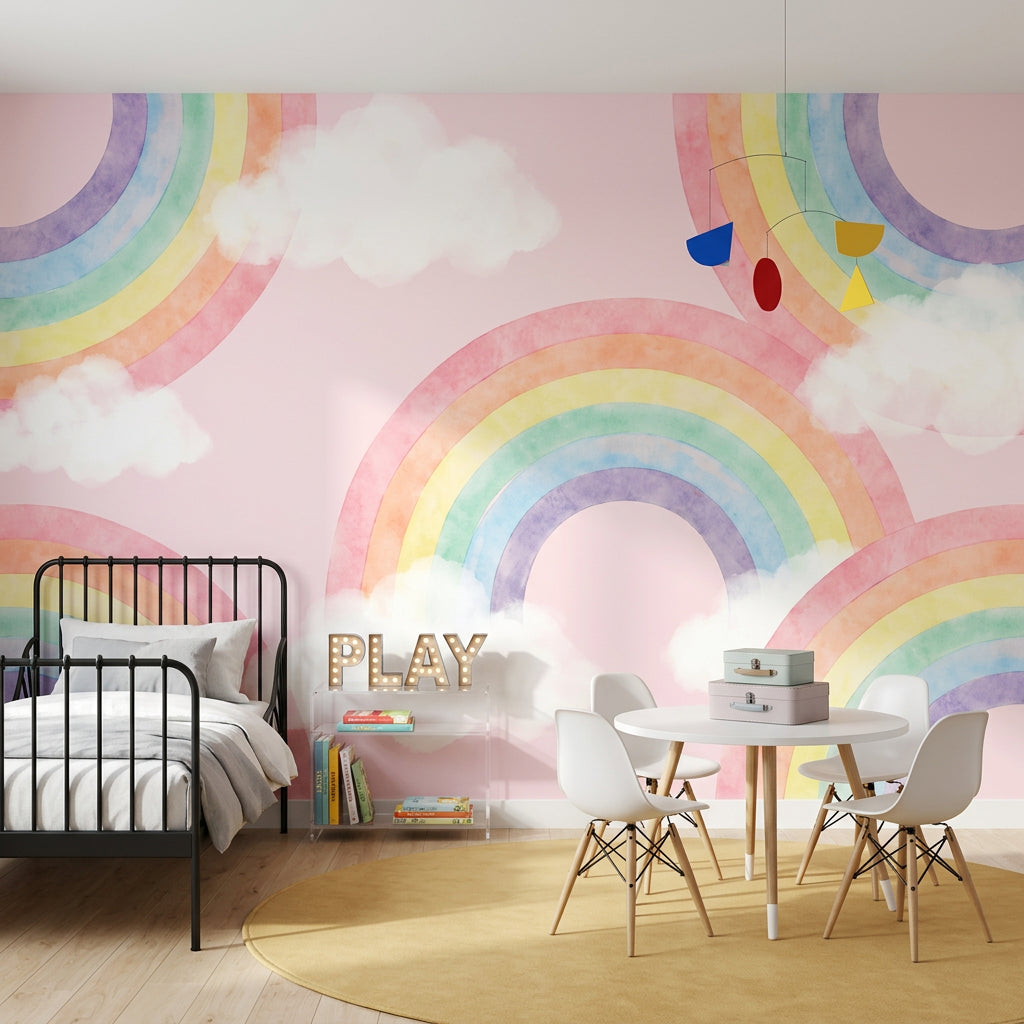 Pastel Gökkuşağı Poster Duvar Kağıdı Bulutlu Çocuk Odası
