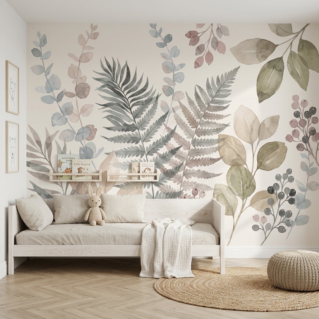 Suluboya Botanik Yapraklı Poster Duvar Kağıdı Pastel Bej Salon