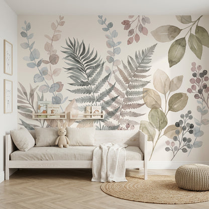 Suluboya Botanik Yapraklı Poster Duvar Kağıdı Pastel Bej Salon
