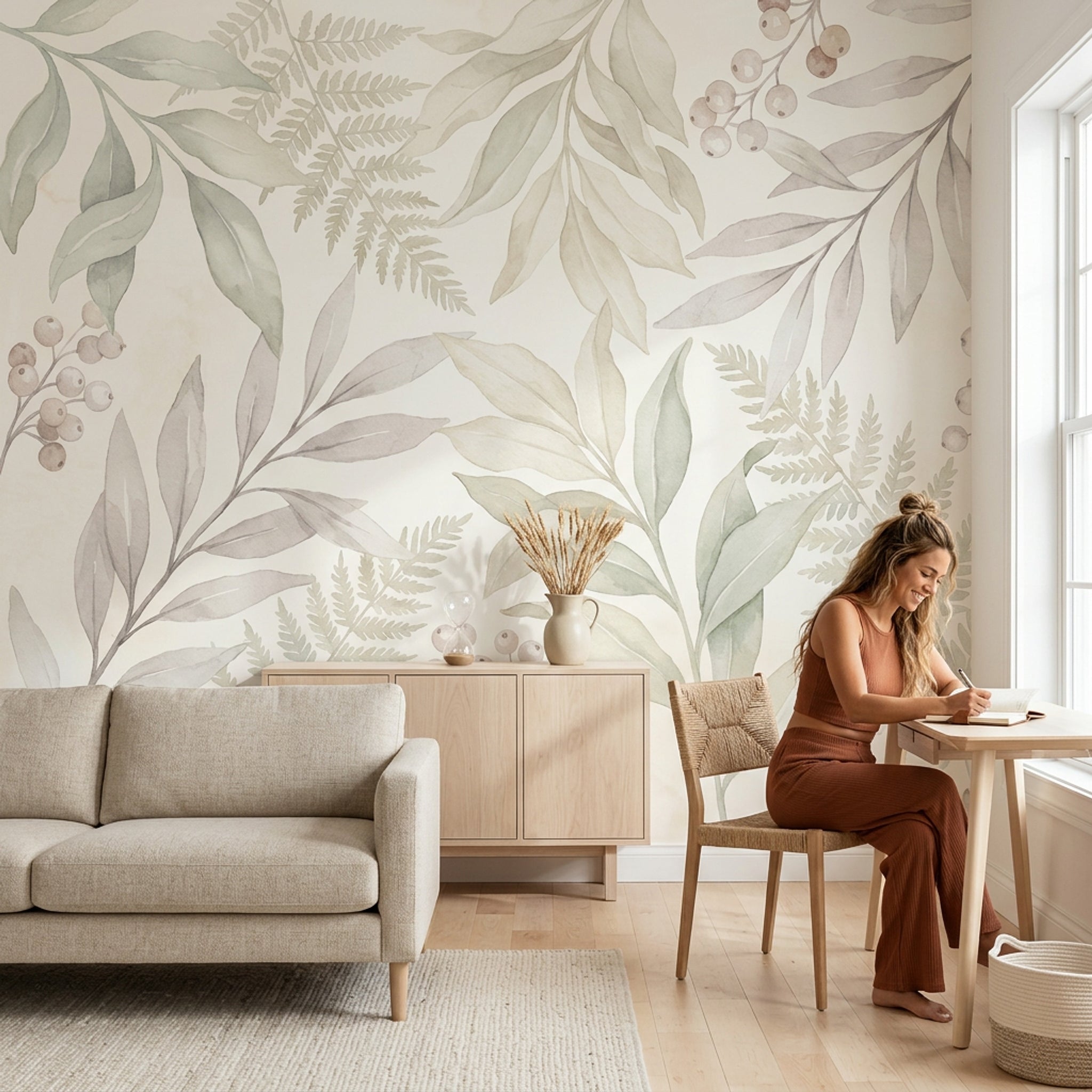 Suluboya Yaprak Desenli Poster Duvar Kağıdı Bej Yeşil Salon