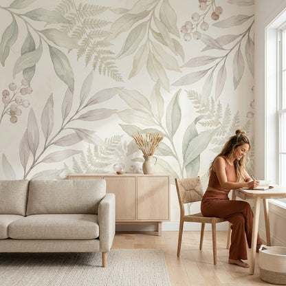 Suluboya Yaprak Desenli Poster Duvar Kağıdı Bej Yeşil Salon