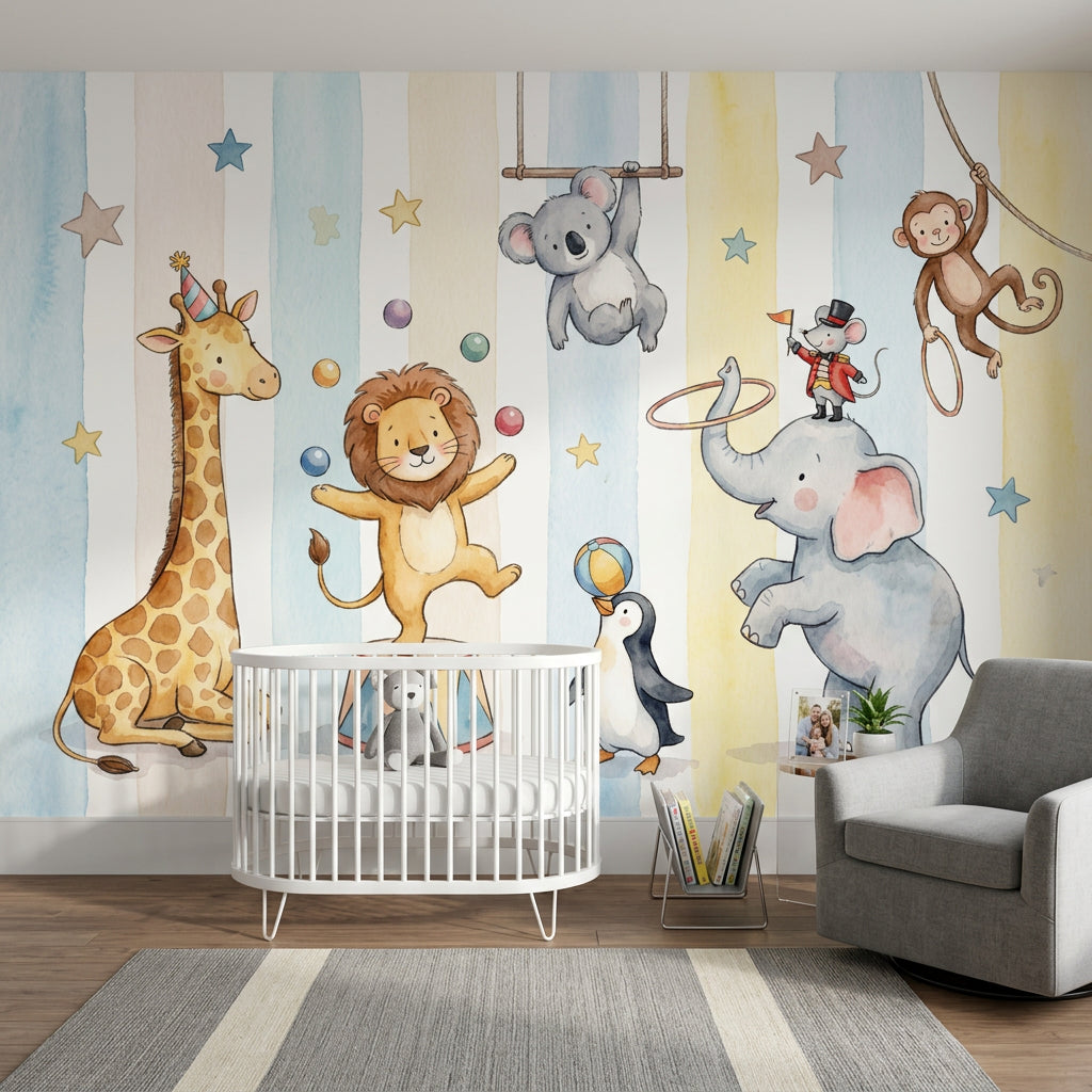 Sirk Hayvanlı Poster Duvar Kağıdı Pastel Çizgili Bebek Odası