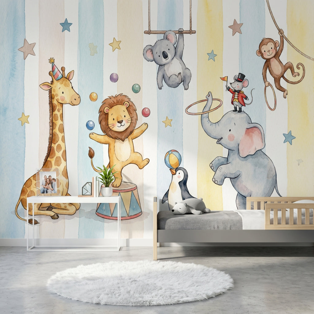 Sirk Hayvanlı Poster Duvar Kağıdı Pastel Çizgili Bebek Odası