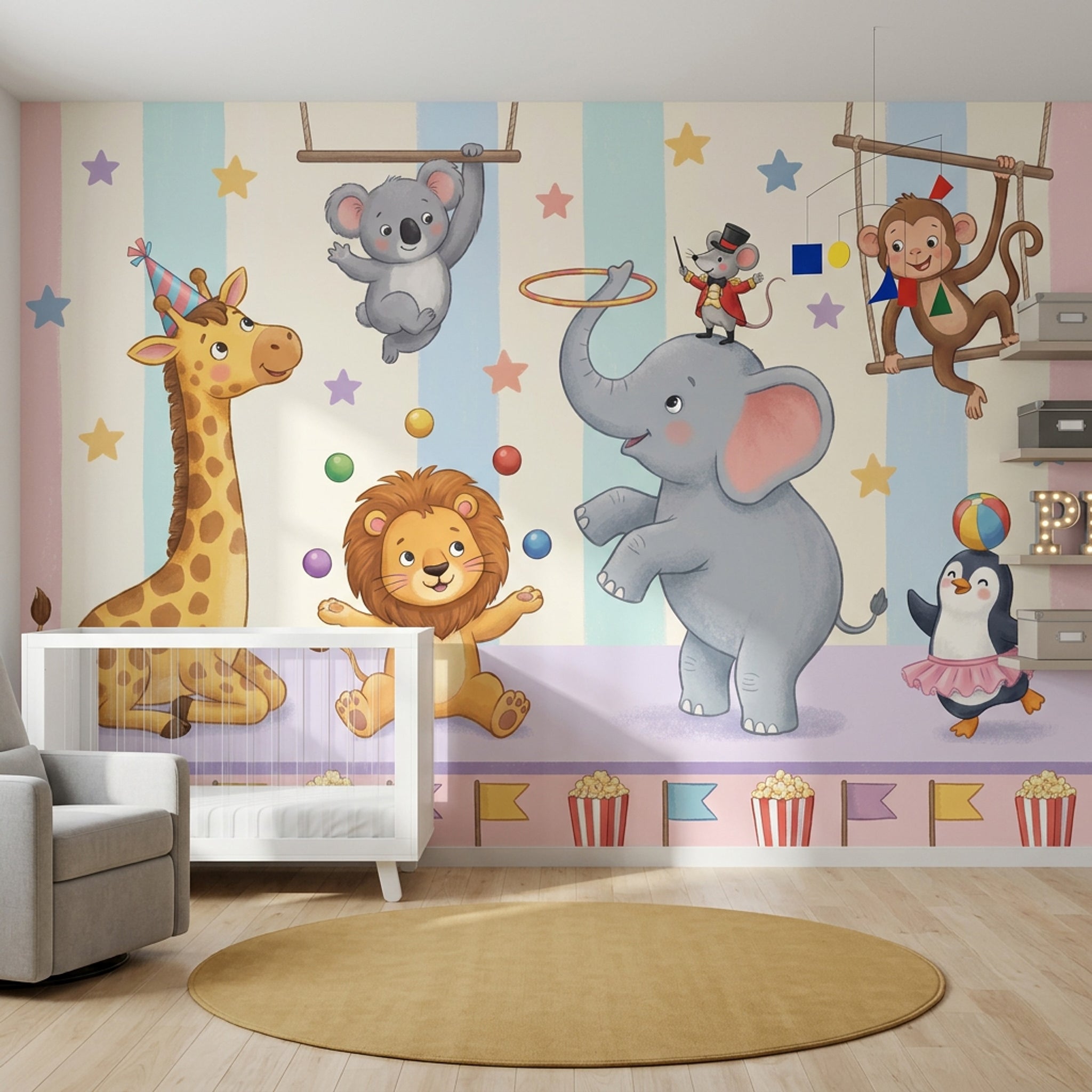 Sirk Hayvanları Poster Duvar Kağıdı Pastel Çocuk Odası Çizgili