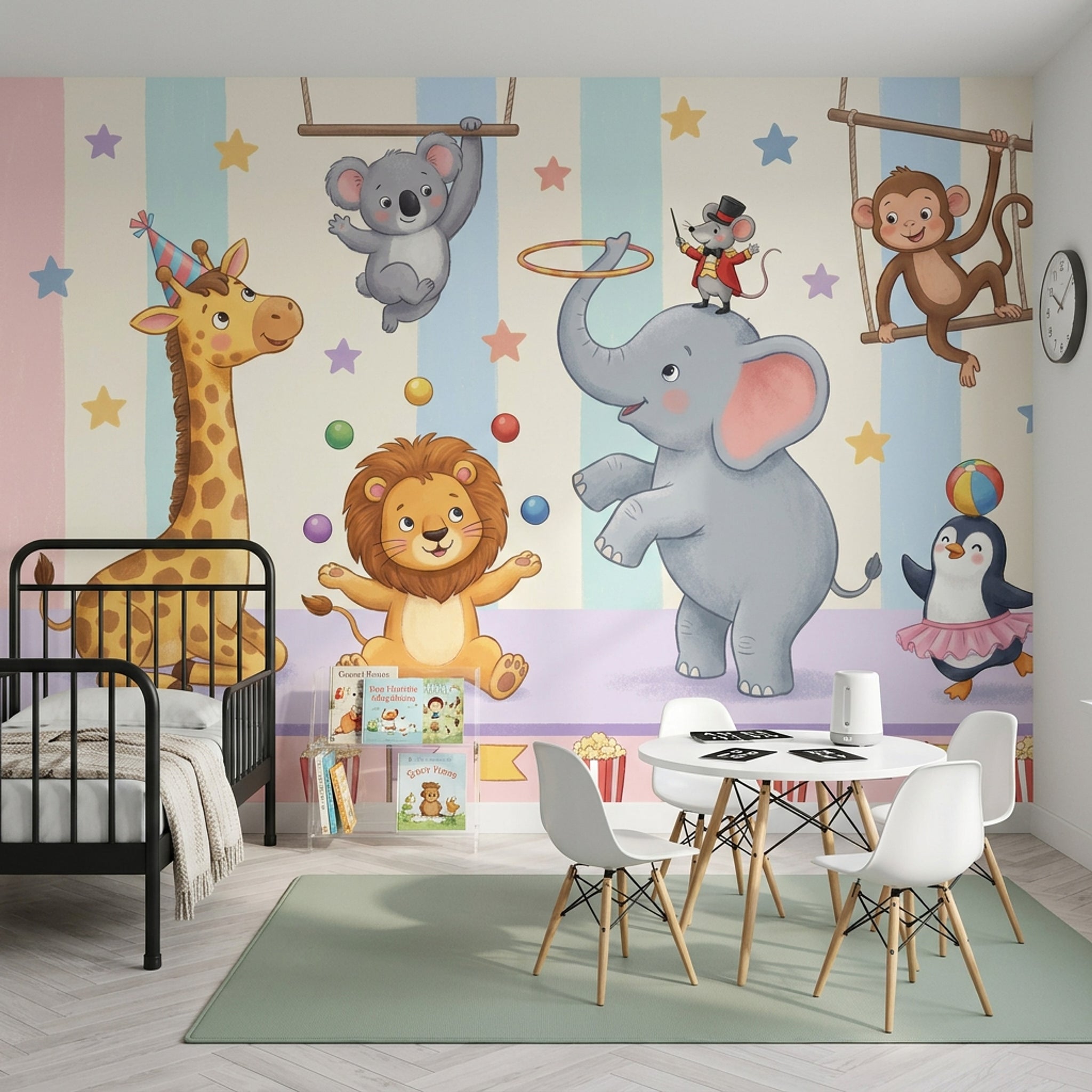 Sirk Hayvanları Poster Duvar Kağıdı Pastel Çocuk Odası Çizgili