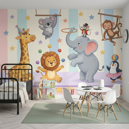 Sirk Hayvanları Poster Duvar Kağıdı Pastel Çocuk Odası Çizgili