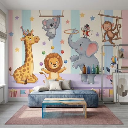 Sirk Hayvanları Poster Duvar Kağıdı Pastel Çocuk Odası Çizgili