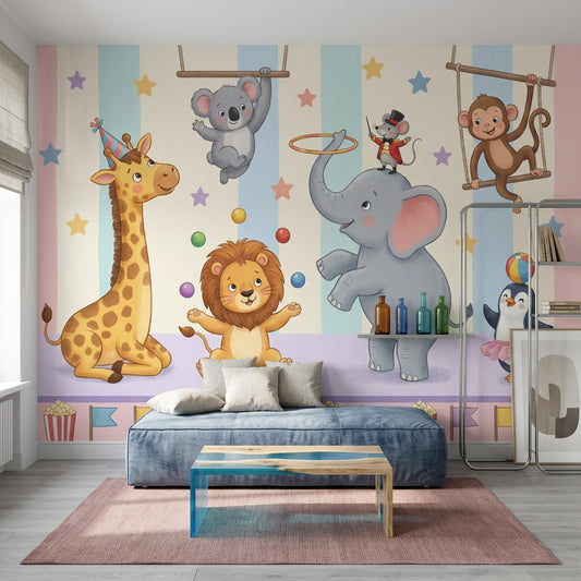 Sirk Hayvanları Poster Duvar Kağıdı Pastel Çocuk Odası Çizgili