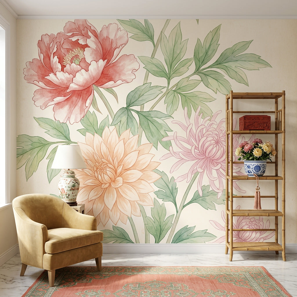 Suluboya Çiçekli Poster Duvar Kağıdı Pastel Yeşil Salon