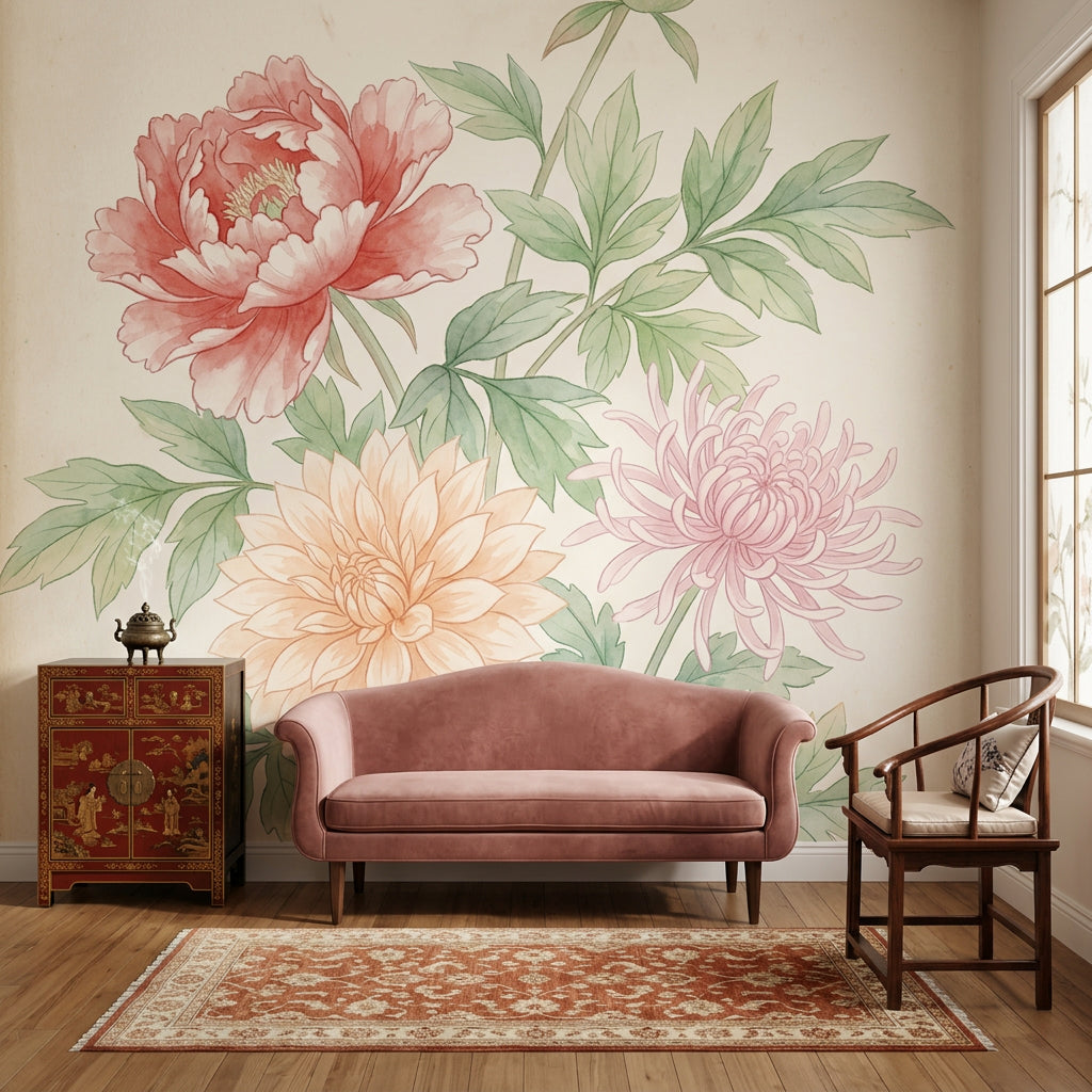 Suluboya Çiçekli Poster Duvar Kağıdı Pastel Yeşil Salon
