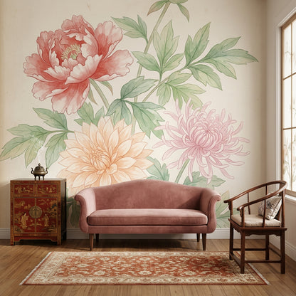 Suluboya Çiçekli Poster Duvar Kağıdı Pastel Yeşil Salon