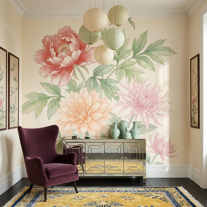 Suluboya Çiçekli Poster Duvar Kağıdı Pastel Yeşil Salon