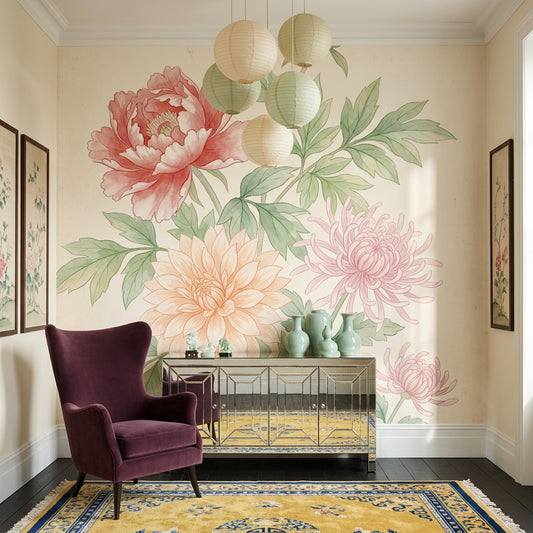 Suluboya Çiçekli Poster Duvar Kağıdı Pastel Yeşil Salon
