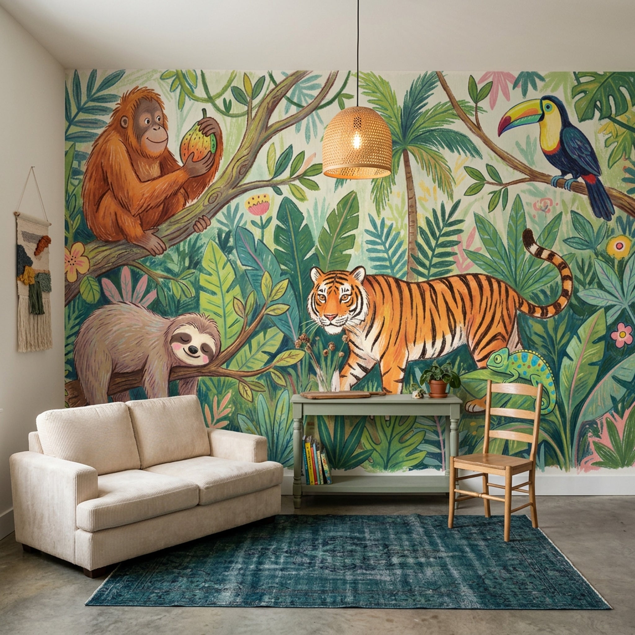Jungle Hayvanlı Poster Duvar Kağıdı Yeşil Çocuk Odası