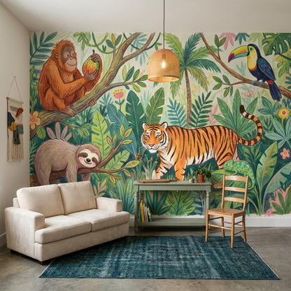 Jungle Hayvanlı Poster Duvar Kağıdı Yeşil Çocuk Odası