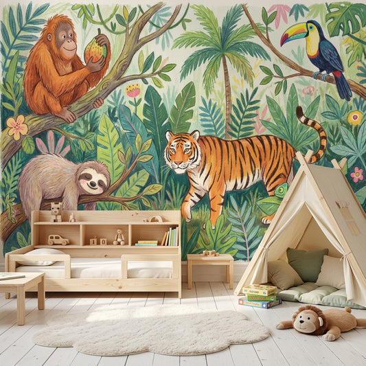 Jungle Hayvanlı Poster Duvar Kağıdı Yeşil Çocuk Odası