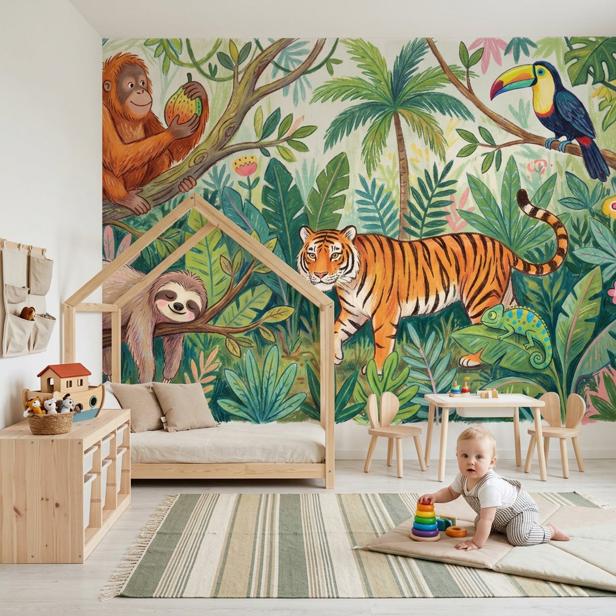 Jungle Hayvanlı Poster Duvar Kağıdı Yeşil Çocuk Odası
