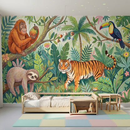 Jungle Hayvanlı Poster Duvar Kağıdı Yeşil Çocuk Odası