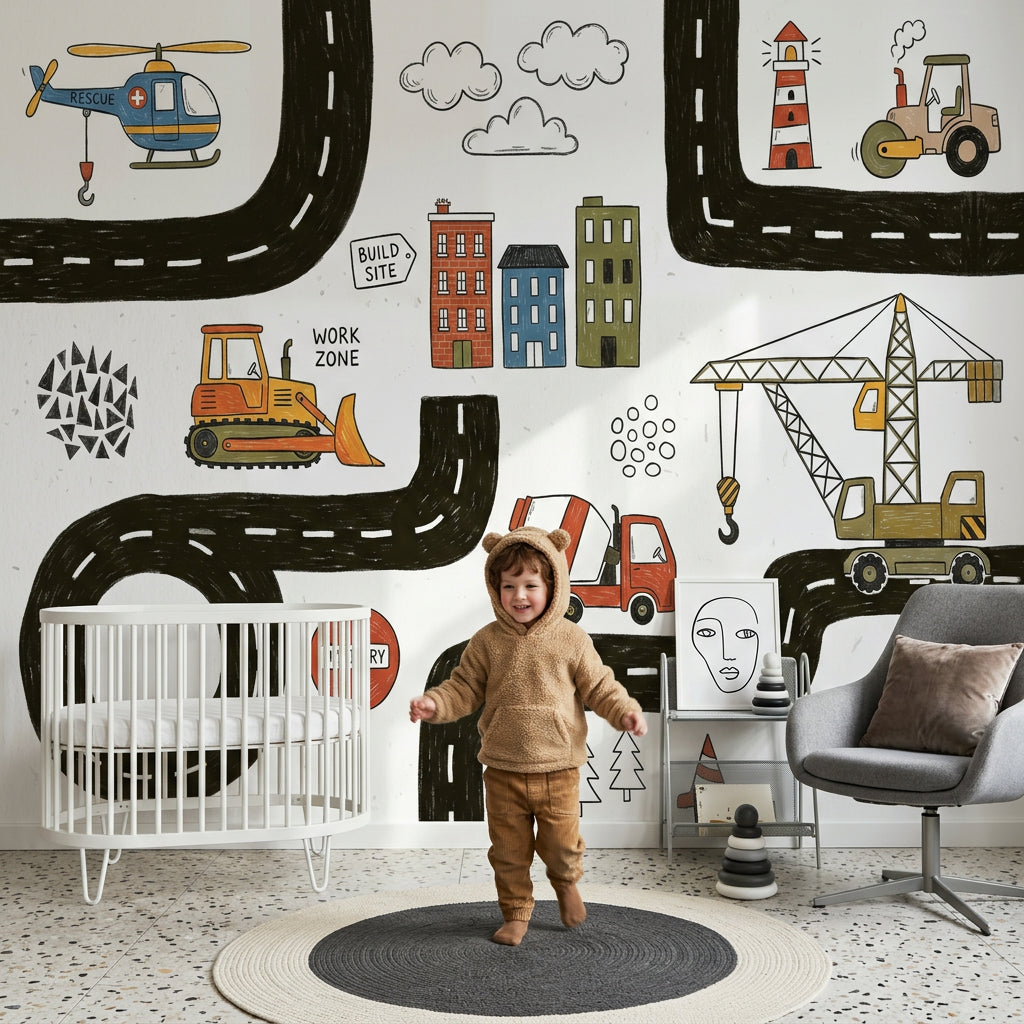 İnşaat Araçları ve Yol Desenli Poster Duvar Kağıdı Çocuk Odası