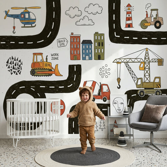 İnşaat Araçları ve Yol Desenli Poster Duvar Kağıdı Çocuk Odası