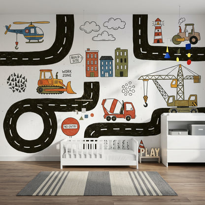 İnşaat Araçları ve Yol Desenli Poster Duvar Kağıdı Çocuk Odası