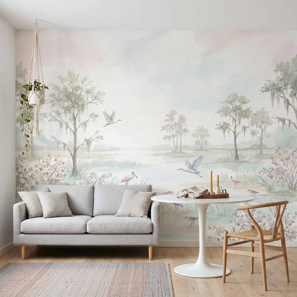 Suluboya Göl ve Kuşlu Poster Duvar Kağıdı Pastel Çocuk Odası