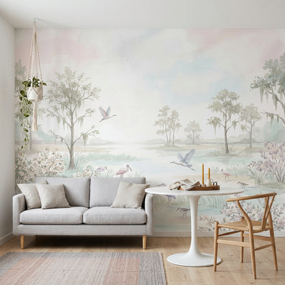Suluboya Göl ve Kuşlu Poster Duvar Kağıdı Pastel Çocuk Odası