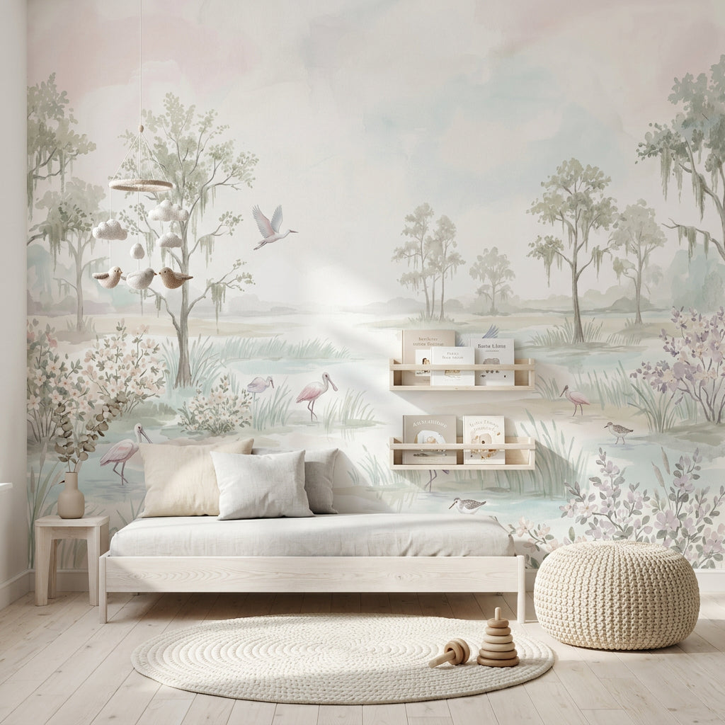 Suluboya Göl ve Kuşlu Poster Duvar Kağıdı Pastel Çocuk Odası