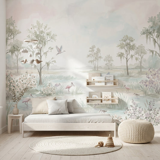 Suluboya Göl ve Kuşlu Poster Duvar Kağıdı Pastel Çocuk Odası