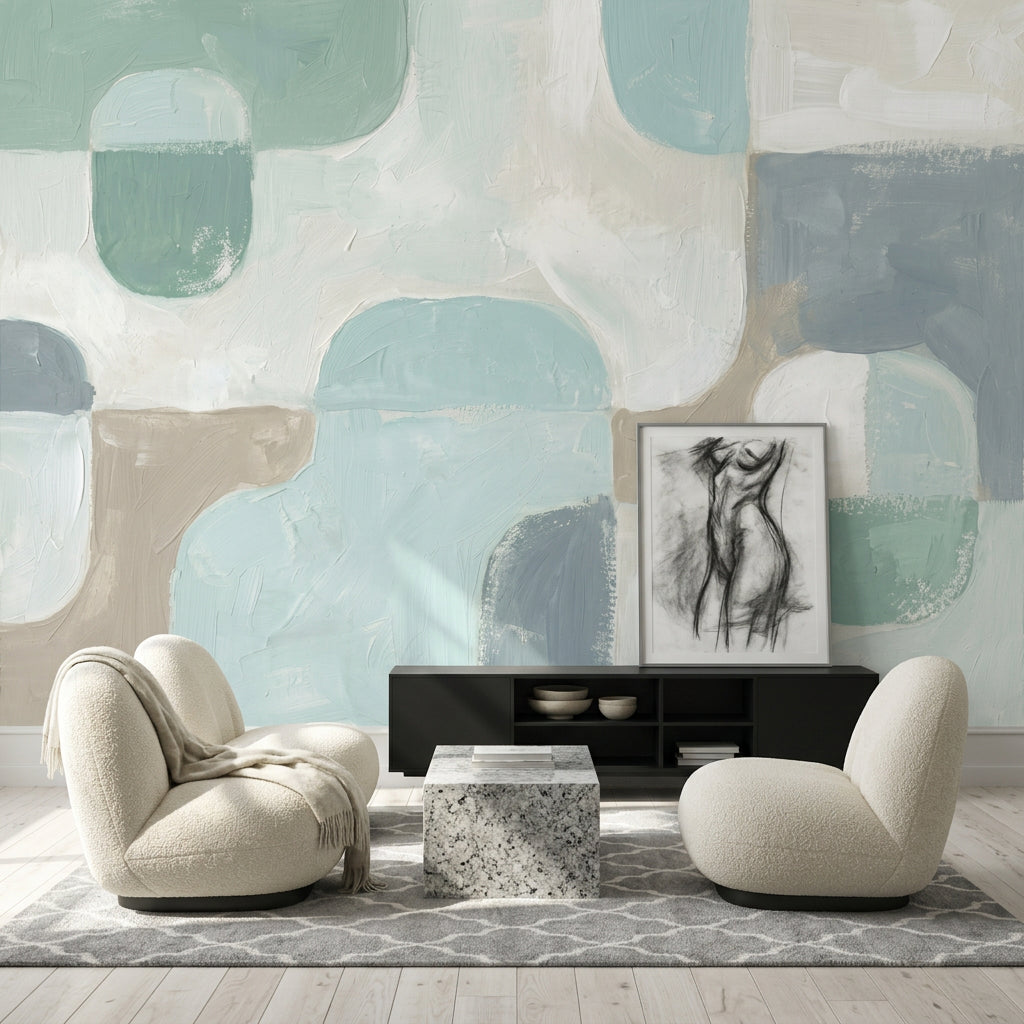 Pastel Soyut Blok Poster Duvar Kağıdı Mint Mavi Salon