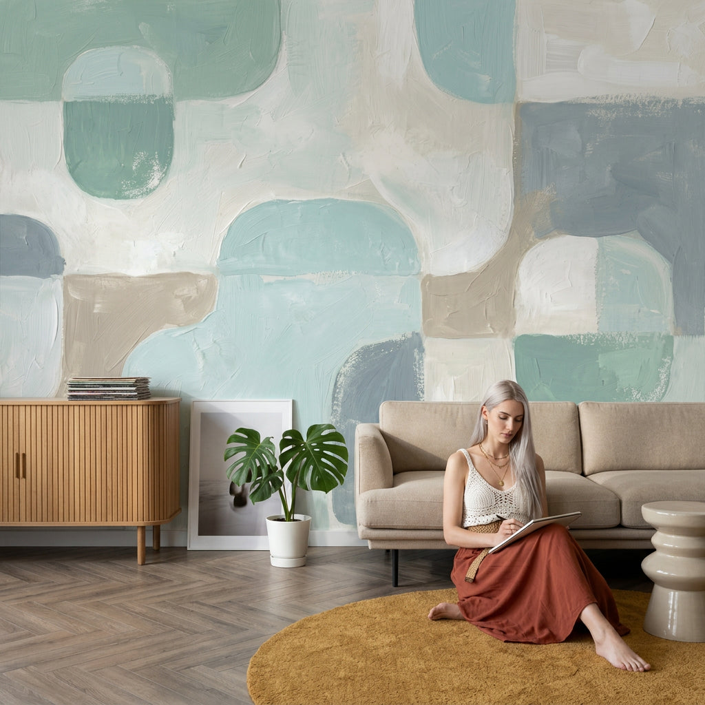 Pastel Soyut Blok Poster Duvar Kağıdı Mint Mavi Salon