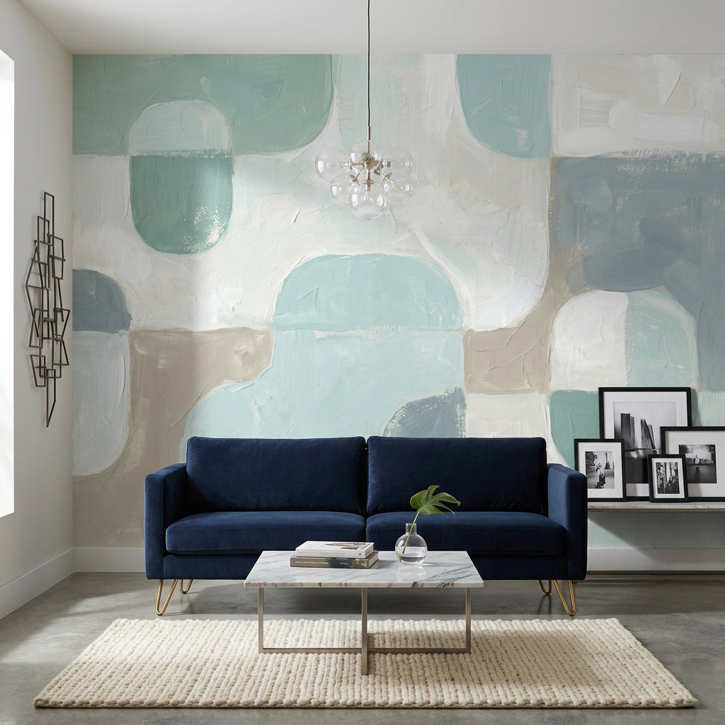 Pastel Soyut Blok Poster Duvar Kağıdı Mint Mavi Salon
