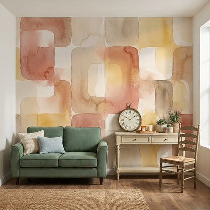 Pastel Geometrik Poster Duvar Kağıdı Bej Terracotta Salon Duvarı