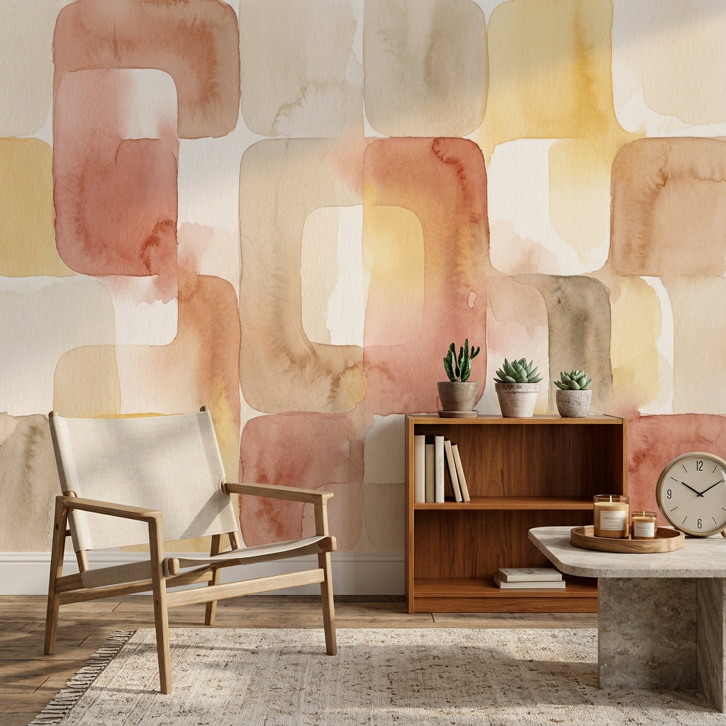 Pastel Geometrik Poster Duvar Kağıdı Bej Terracotta Salon Duvarı