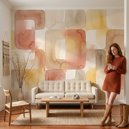 Pastel Geometrik Poster Duvar Kağıdı Bej Terracotta Salon Duvarı