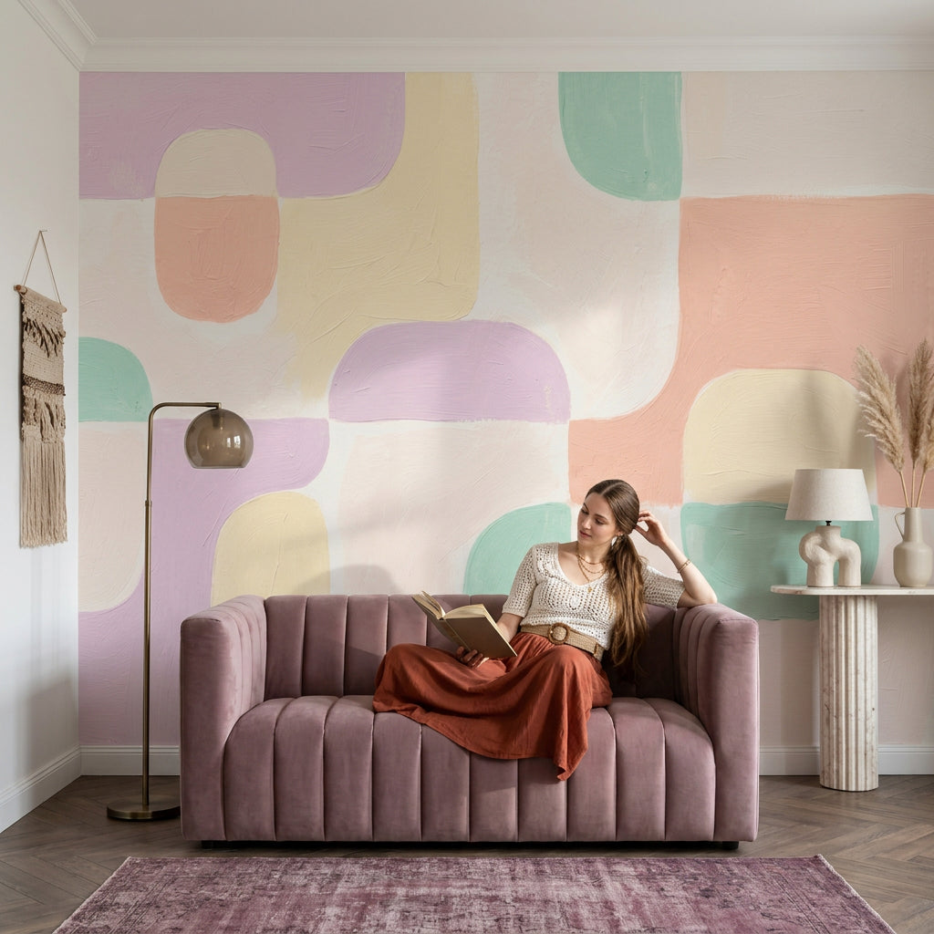 Pastel Soyut Geometrik Poster Duvar Kağıdı Renk Bloklu Salon