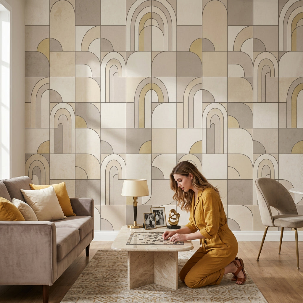 Geometrik Kemer Desenli Poster Duvar Kağıdı Bej Gri Salon