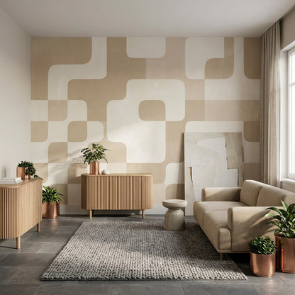 Retro Geometrik Poster Duvar Kağıdı Bej Krem Modern Salon