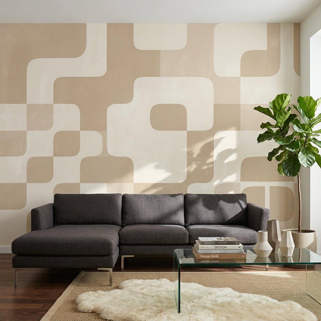 Retro Geometrik Poster Duvar Kağıdı Bej Krem Modern Salon