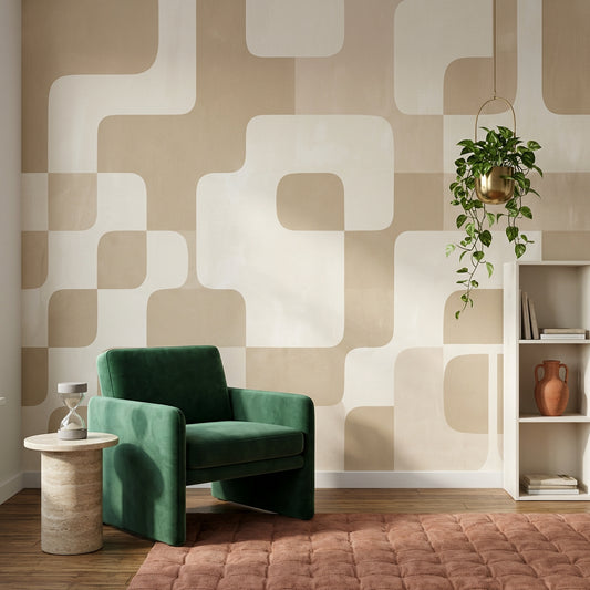 Retro Geometrik Poster Duvar Kağıdı Bej Krem Modern Salon