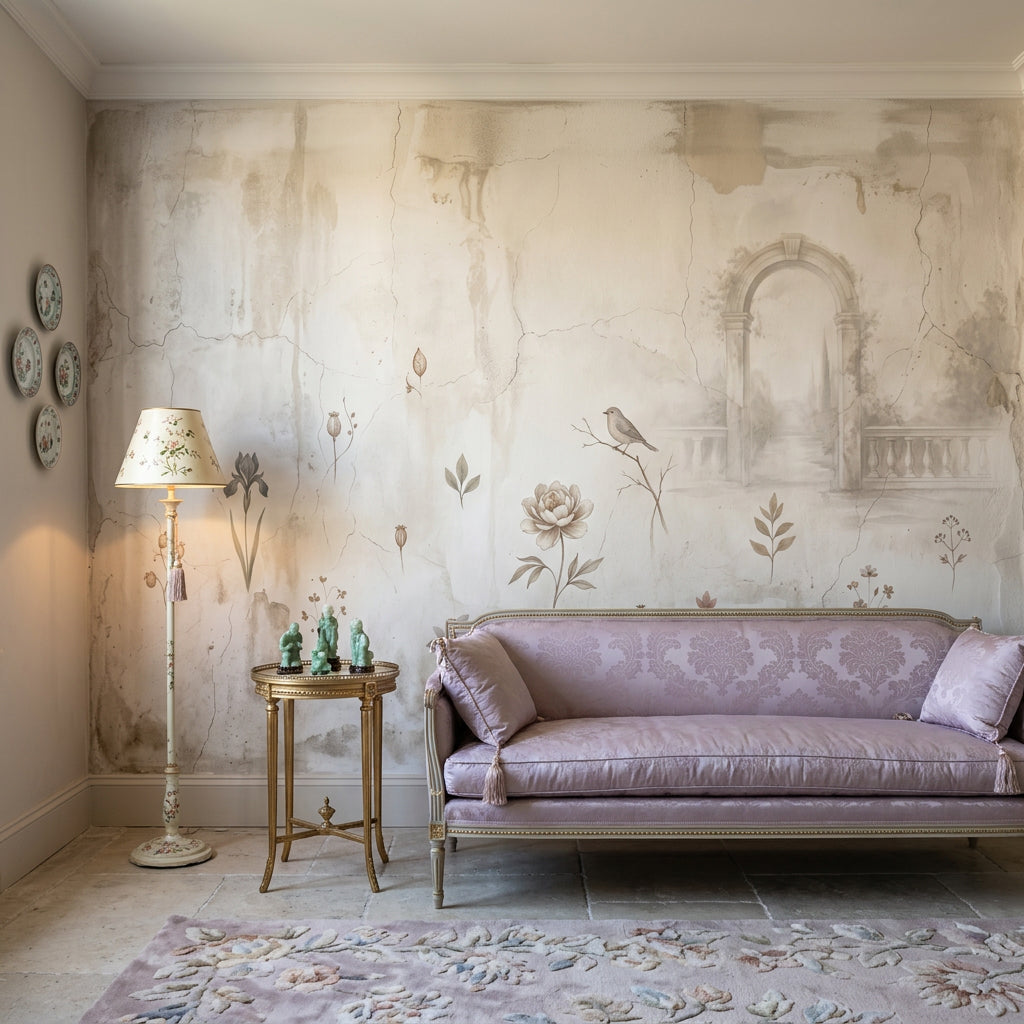 Pastel Çiçekli Poster Duvar Kağıdı Bej Vintage Salon Duvarı