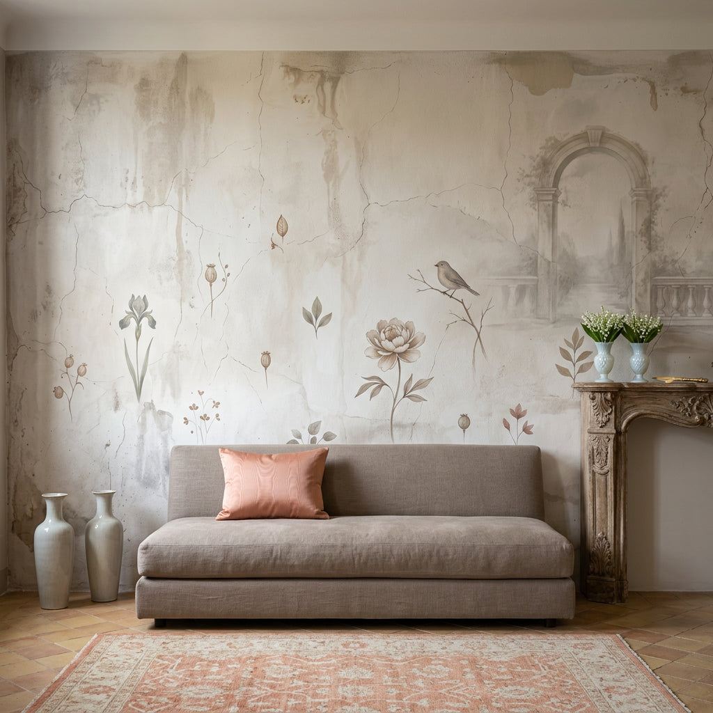 Pastel Çiçekli Poster Duvar Kağıdı Bej Vintage Salon Duvarı