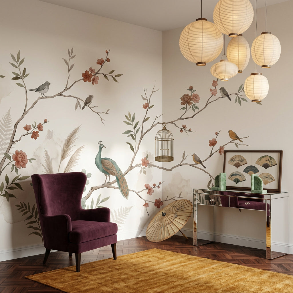 Çiçekli Kuş ve Tavuskuşu Poster Duvar Kağıdı Salon